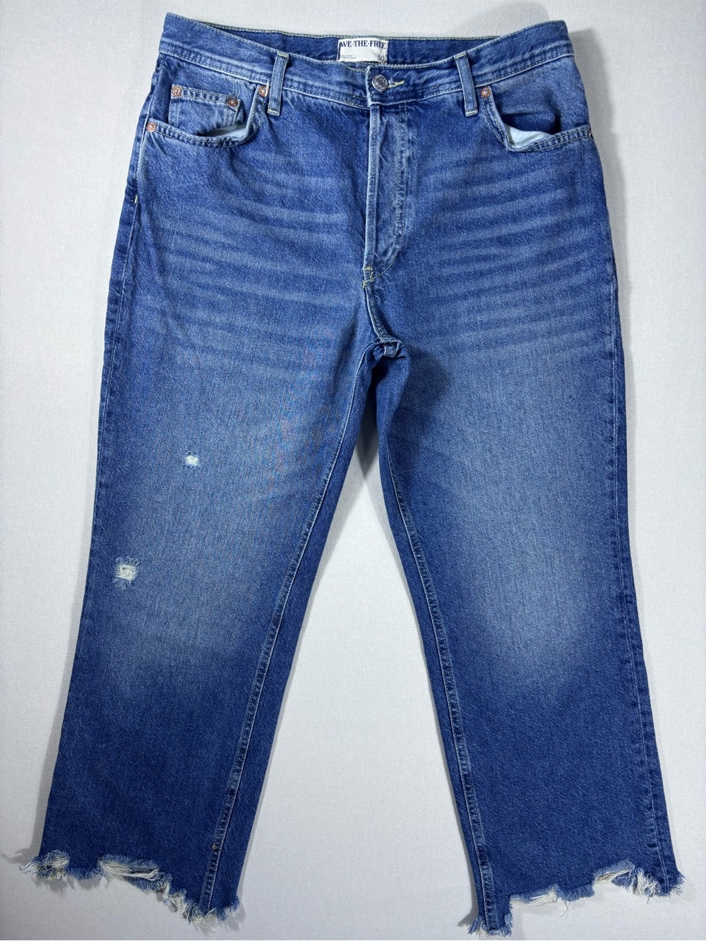 Free People Maggie Straight Leg Jeans 30 Mid Rise Distressed Raw Hem